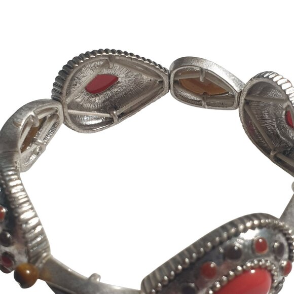 Silver Tone Elastic Bracelet Red Brown Teardrop Beaded Accents Antique Finish De - Picture 4 of 4